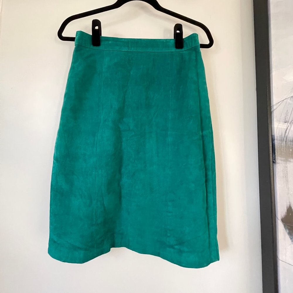 Vintage Suede Leather Pencil Skirt - Emerald Green - Lined - Size S / UK 10